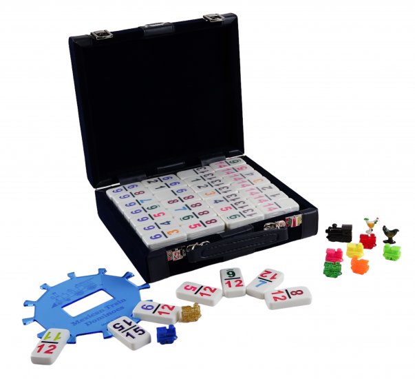 (image for) Bello Games Elite Double Fifteen Dominoes Set with Hub, Trains & Chickens in a Elegant Designer Velour Case - Click Image to Close