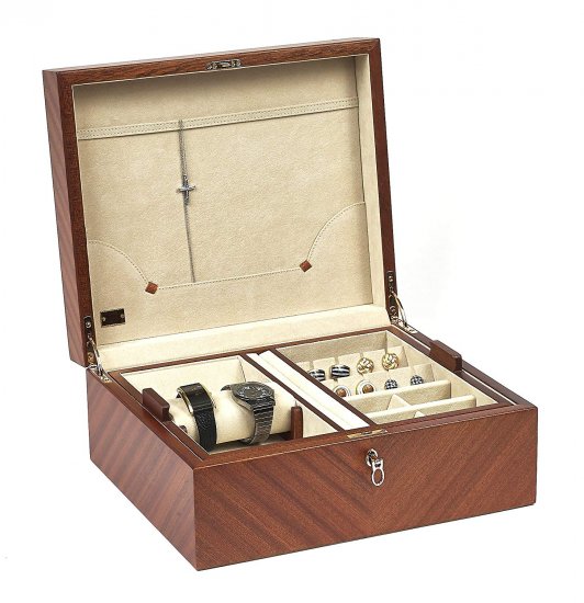 (image for) Bello Collezioni - Leonardo Men's/Women's Briar Wood Luxury Jewelry & Cufflink Box - Click Image to Close