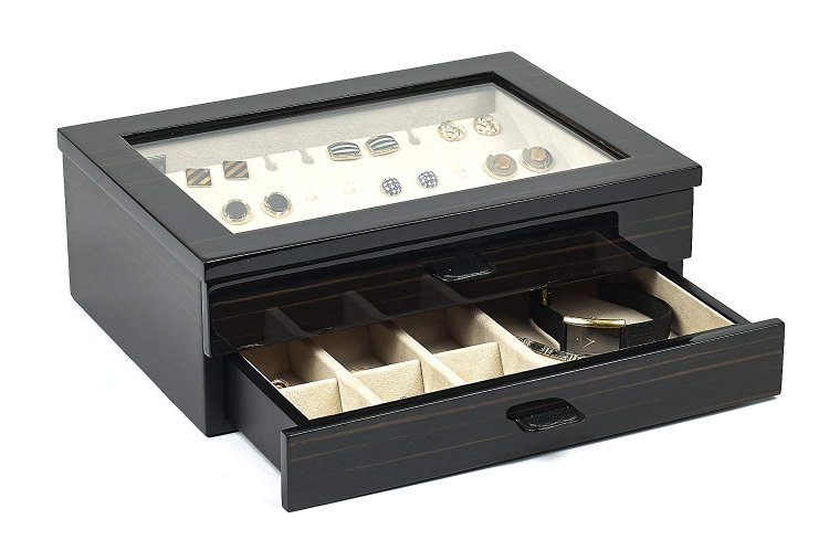 (image for) Bello Collezioni - Salvatore Luxury Italian Polished Ebony Cufflink and Jewelry Box - Click Image to Close