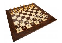 (image for) Bello Collezioni - Via Marzio Solid Brass Luxury Staunton Chessmen Drenched in 24K Gold/Silver Plate & Via Rivezzoli Luxury Burl & Walnut Chess Board with Brass Corners from Italy